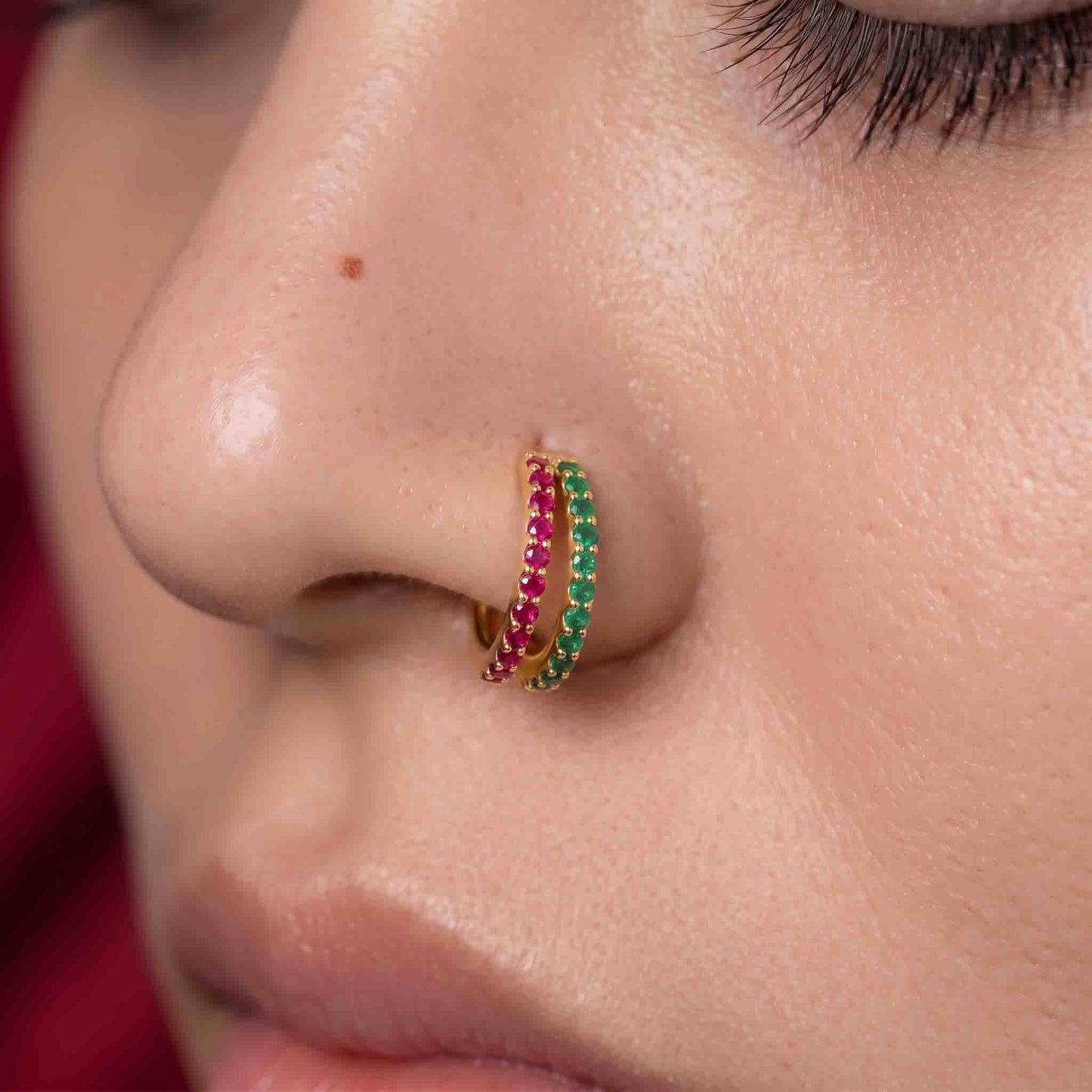 Silver Multi Color  Double Line Stone Set Nosering