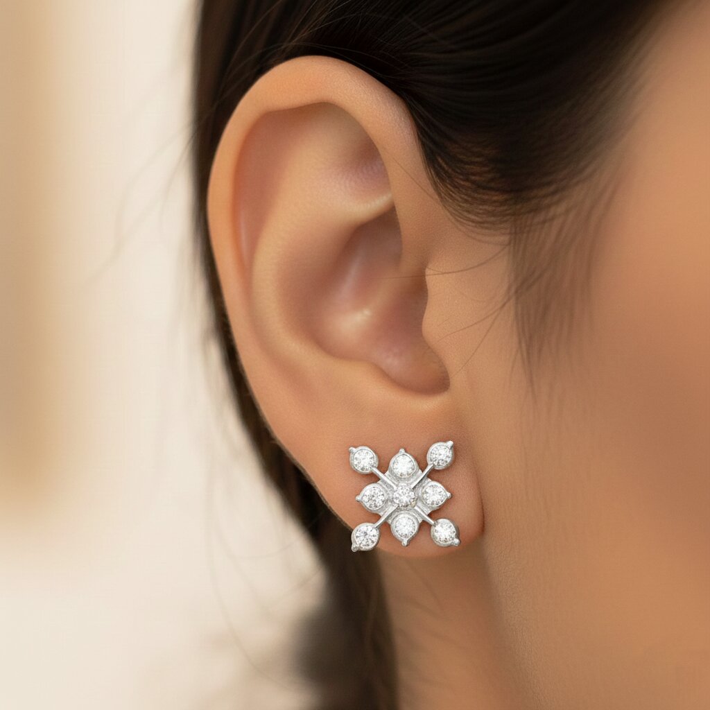Silver Rose Diamond Earrings