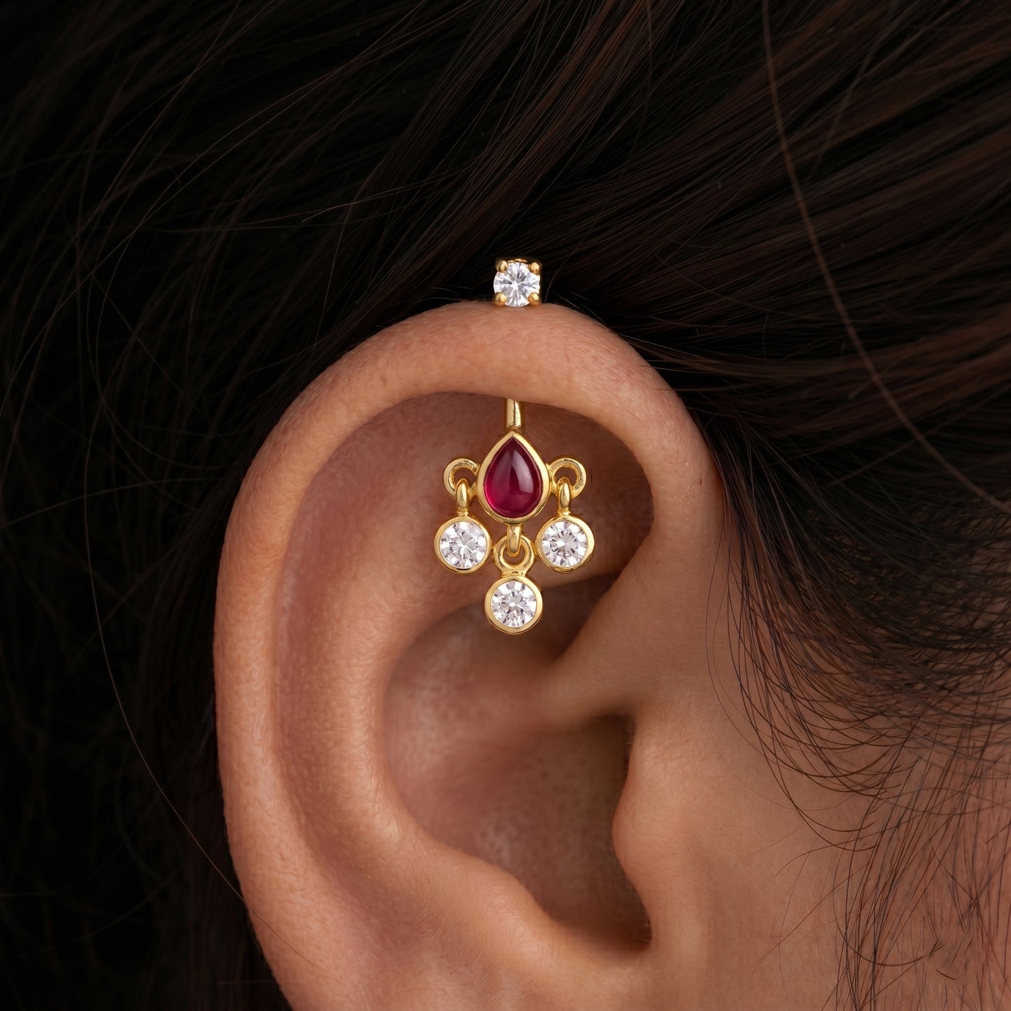 Silver Swarna Bindu Stone Top Ruby Red & Diamond Design