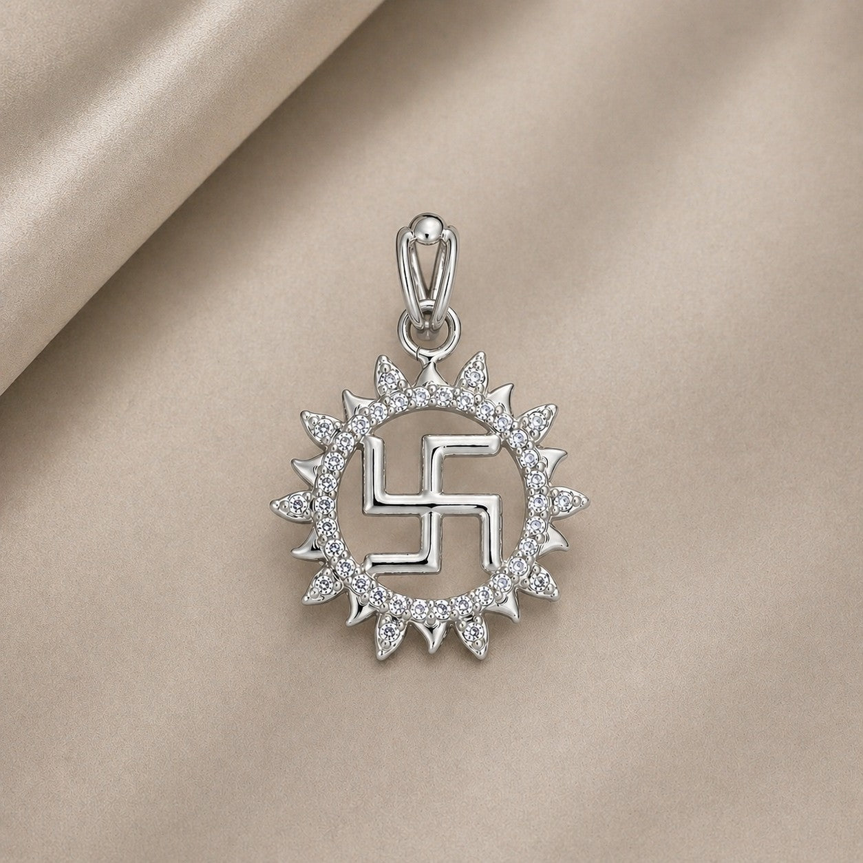 Silver Pendant Swastik Surya Diamond Design