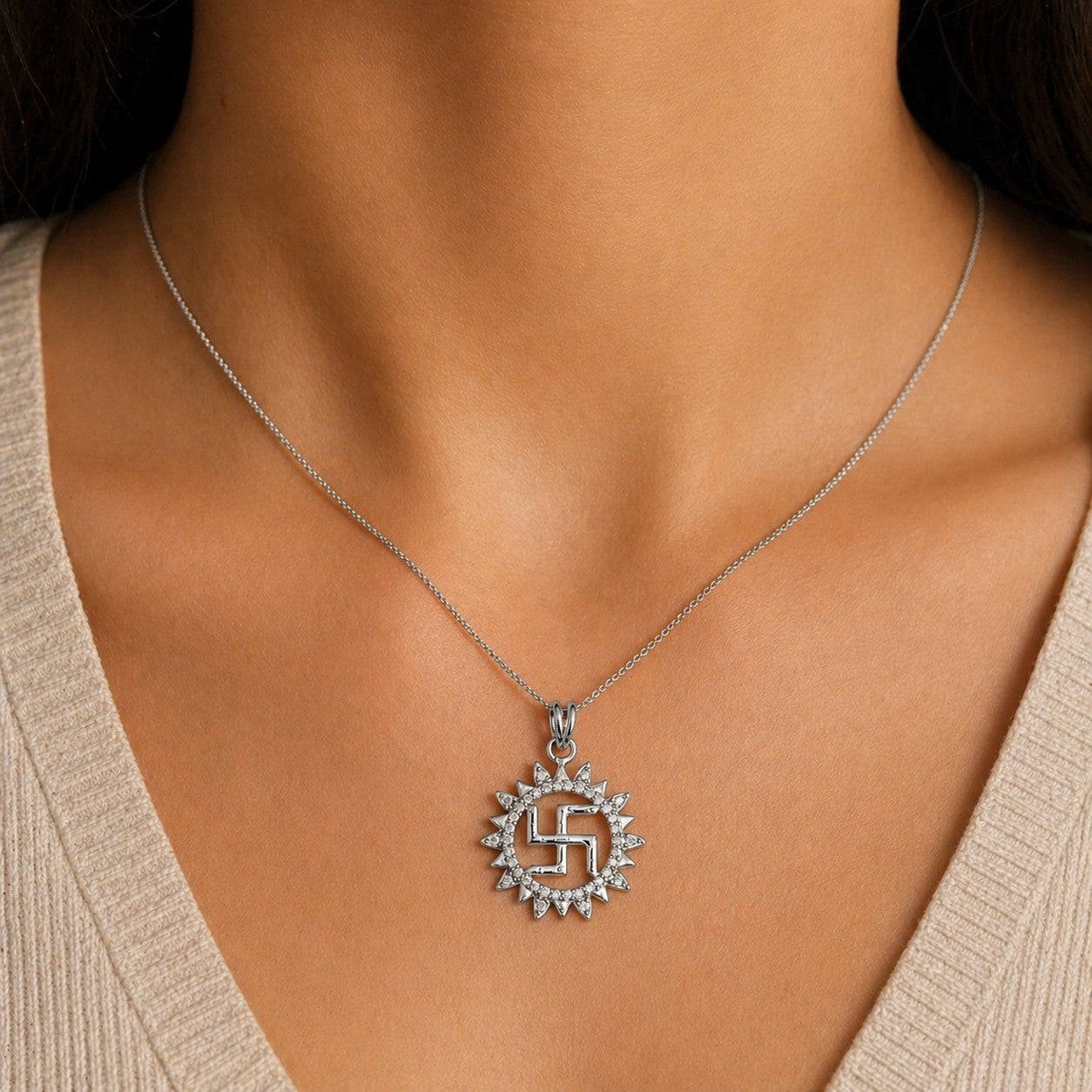 Silver Pendant Swastik Surya Diamond Design