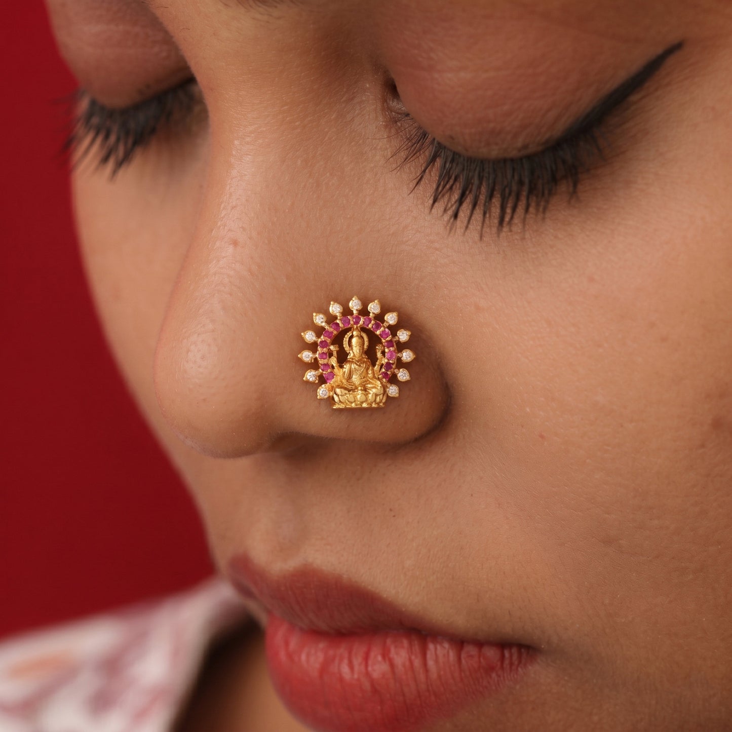 Silver Nose Pin Mahalakshmi Ruby Red & Diamond Design