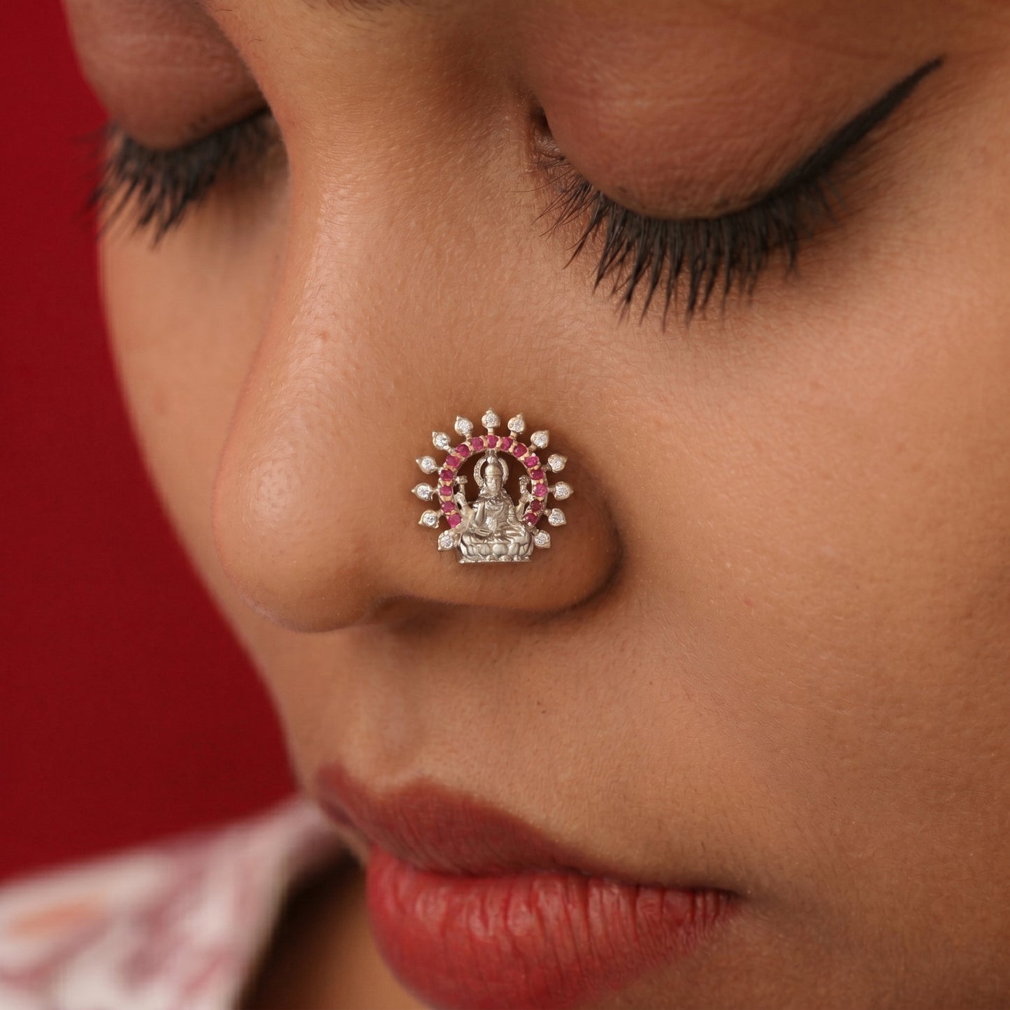 Silver Nose Pin Mahalakshmi Ruby Red & Diamond Design