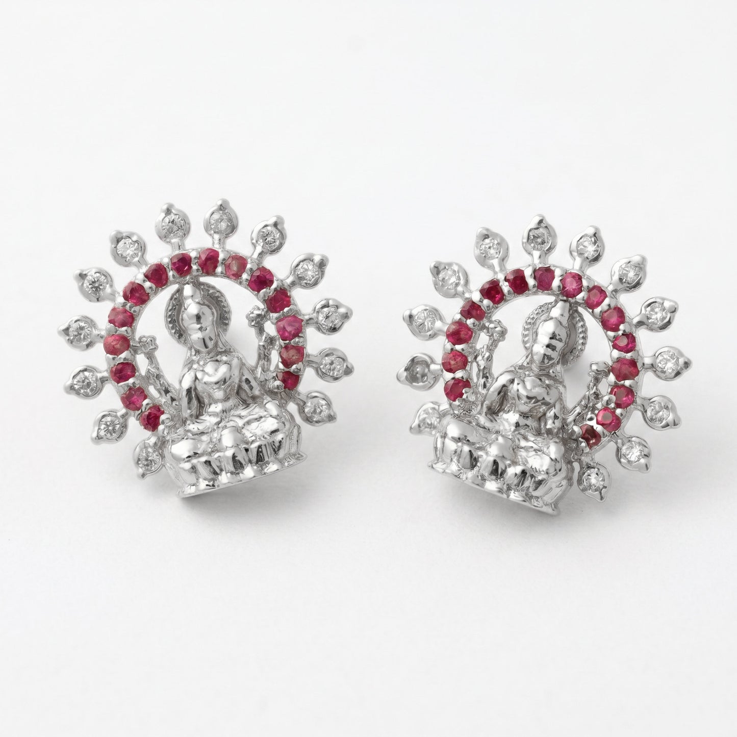 Silver Earring Mahalakshmi Stud Ruby Red & Diamond Design