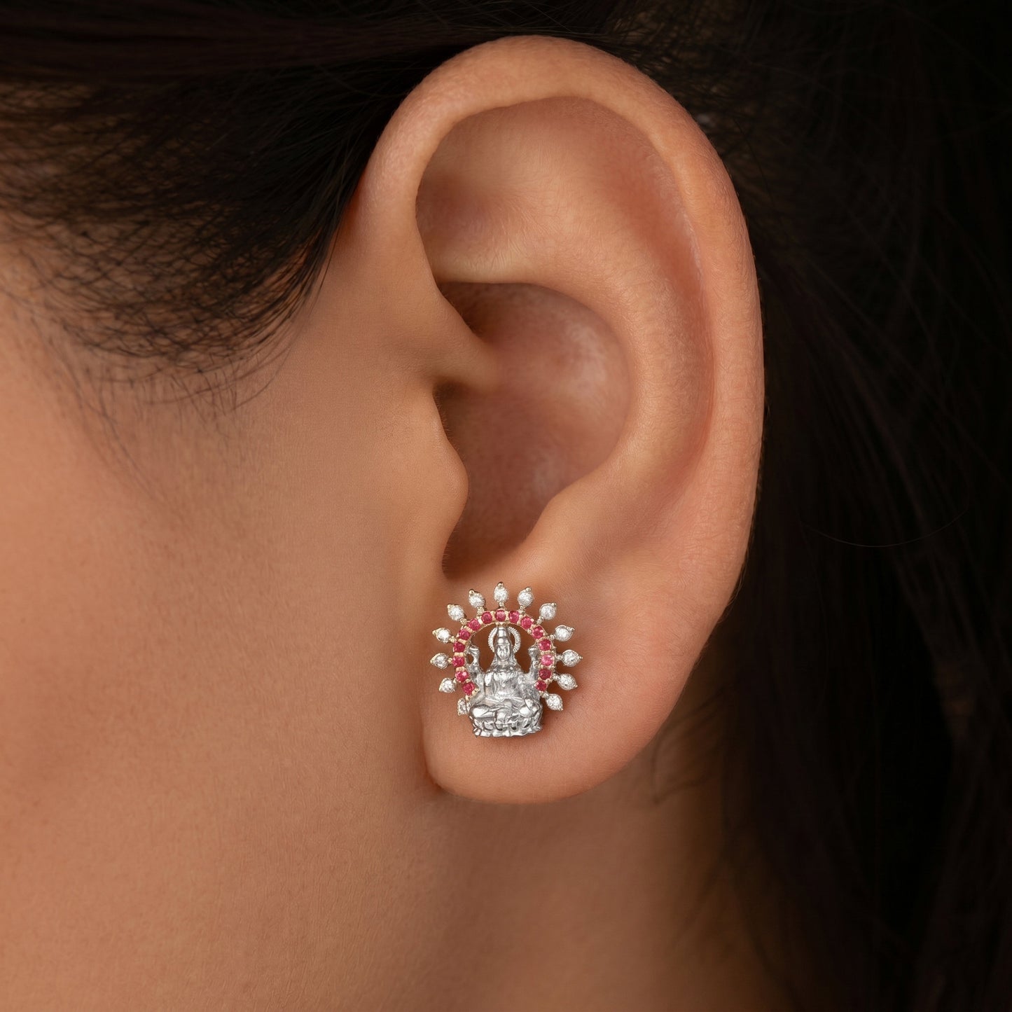 Silver Earring Mahalakshmi Stud Ruby Red & Diamond Design