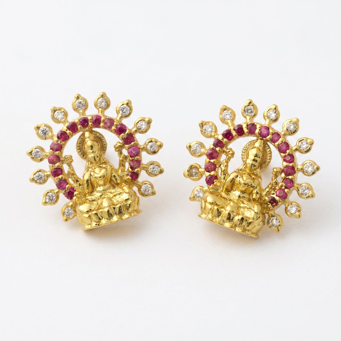 Silver Earring Mahalakshmi Stud Ruby Red & Diamond Design