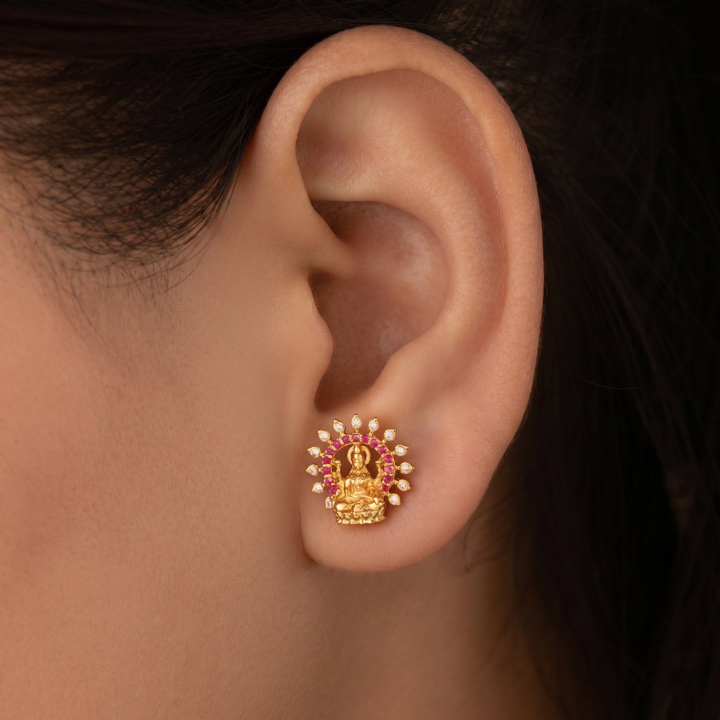 Silver Earring Mahalakshmi Stud Ruby Red & Diamond Design