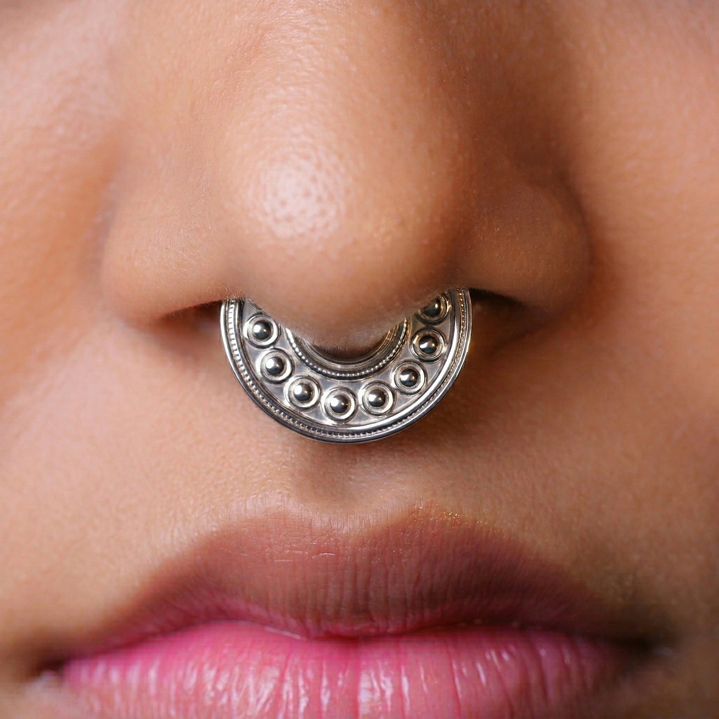 Silver Tribal Beaded Crescent Septum