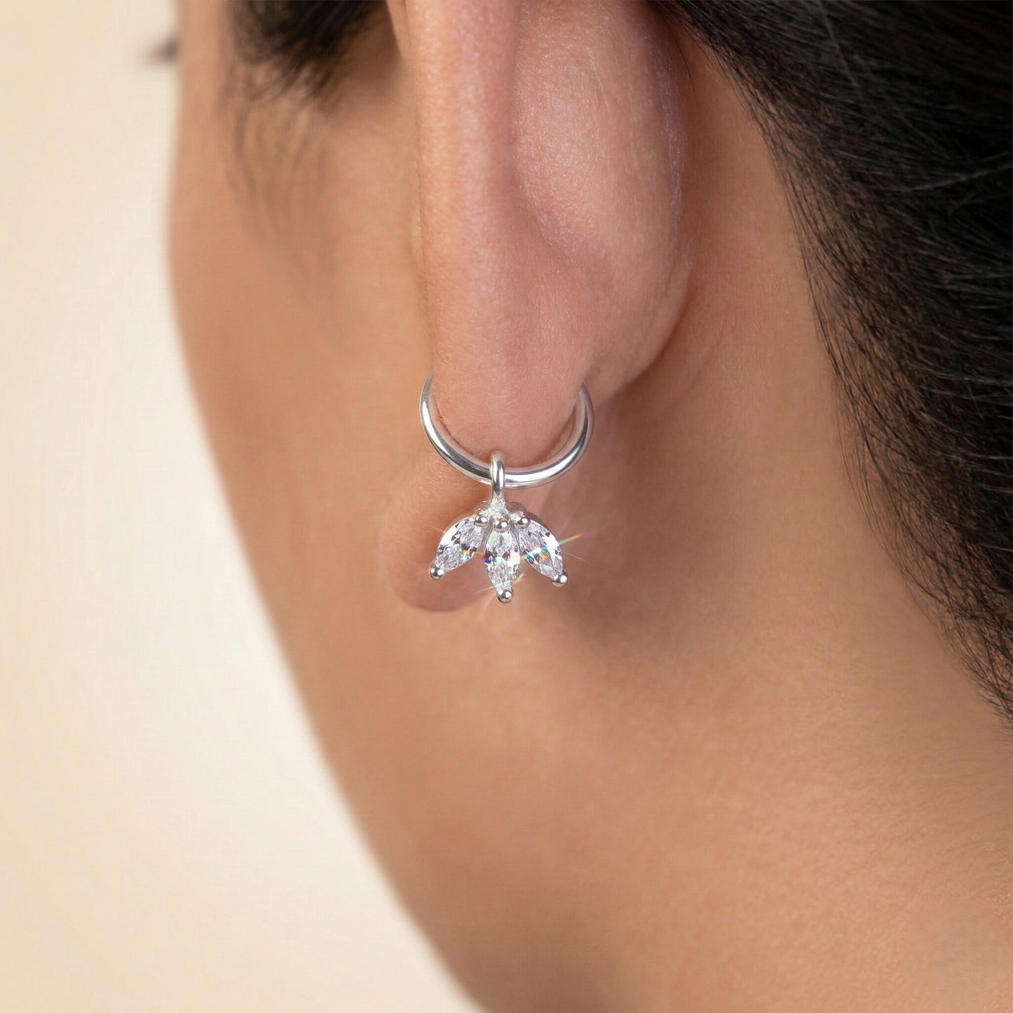 Silver Trio Leaf Drop Huggie Earrings