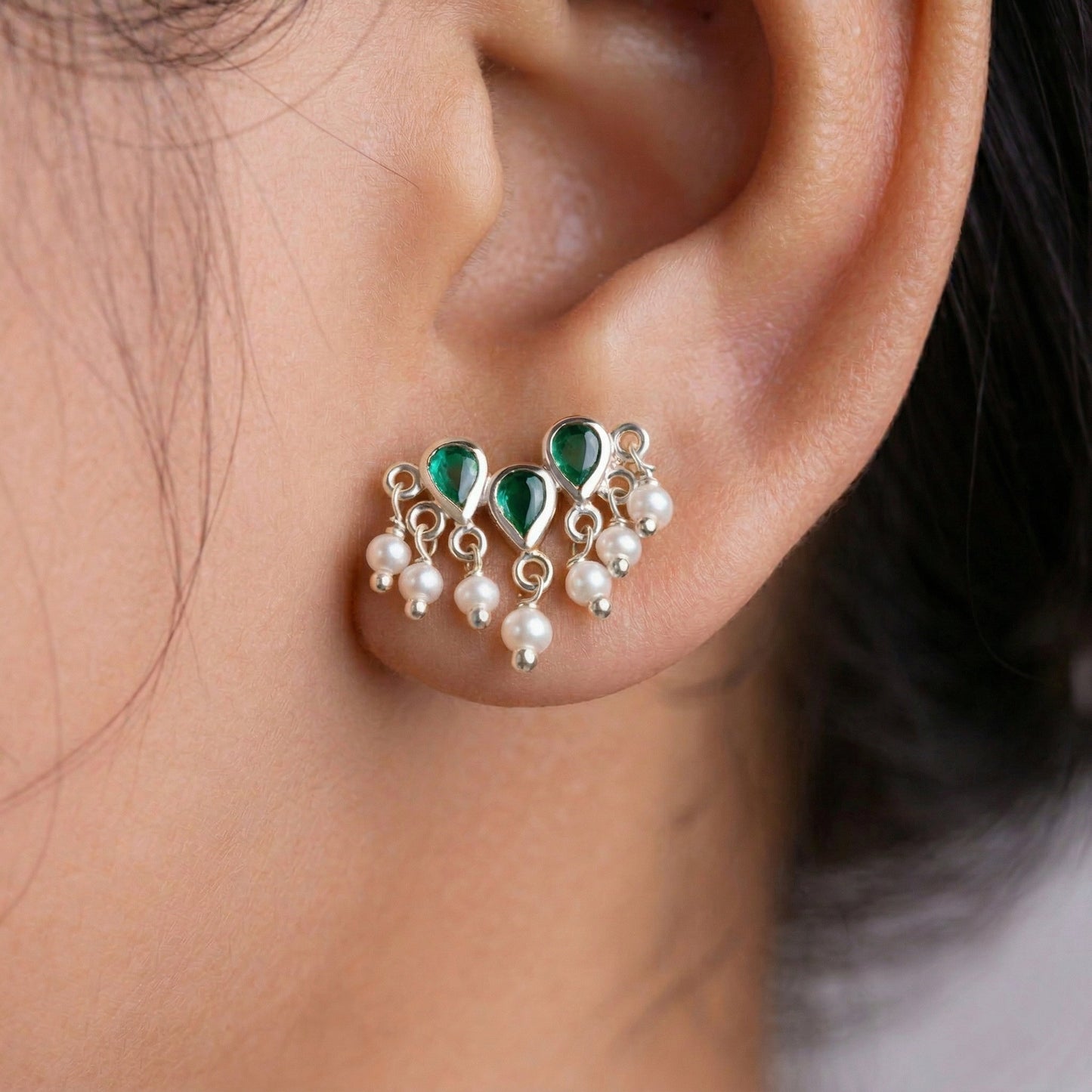 SIlver Vasant Green Pearl Earrings