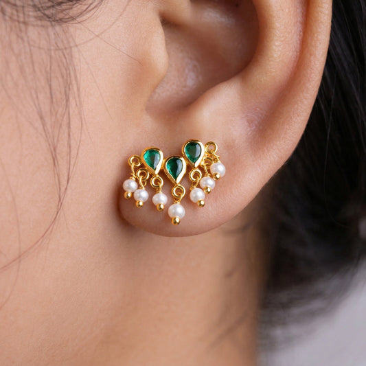 SIlver Vasant Green Pearl Earrings
