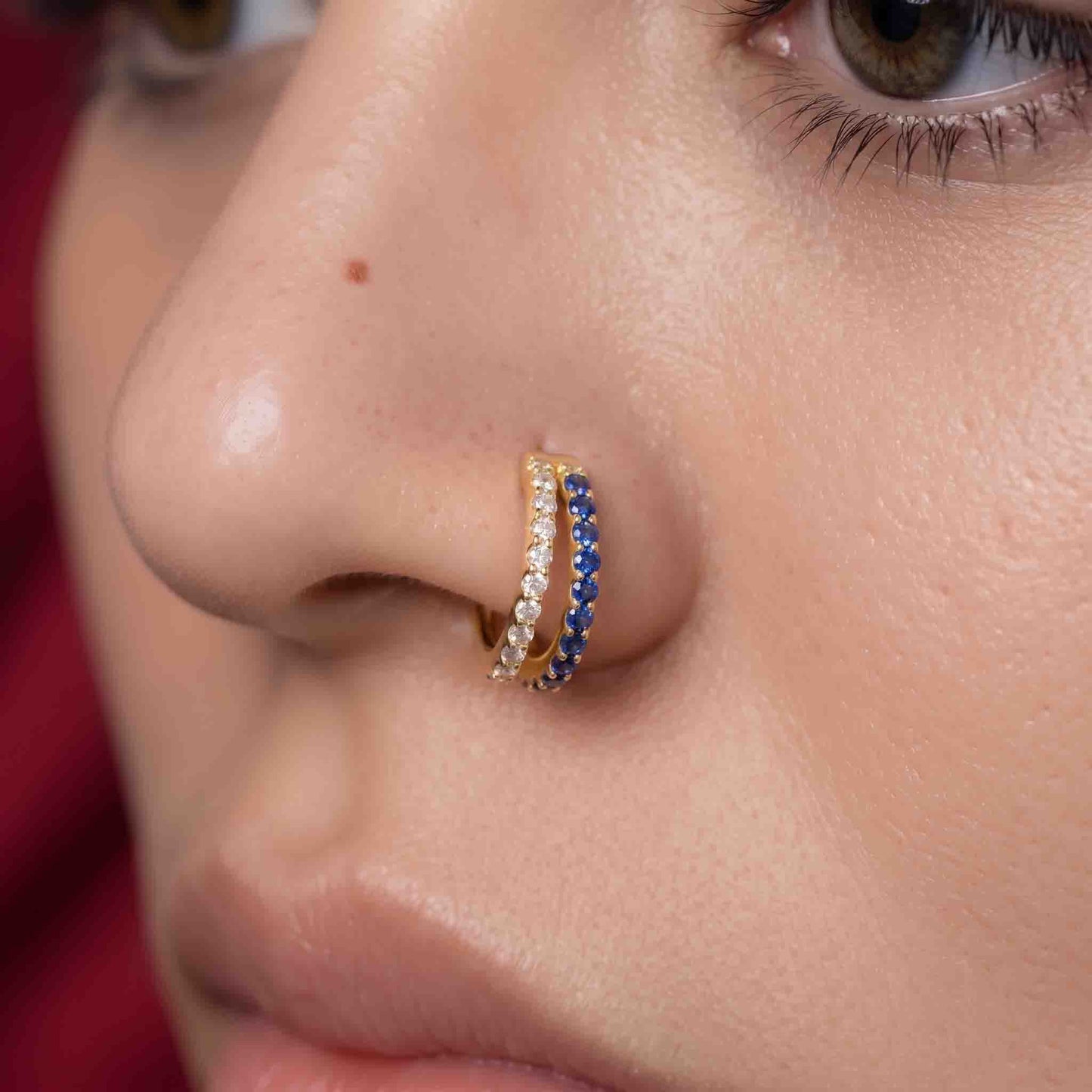 Silver Double Multi Color Line Stone Set Nosering