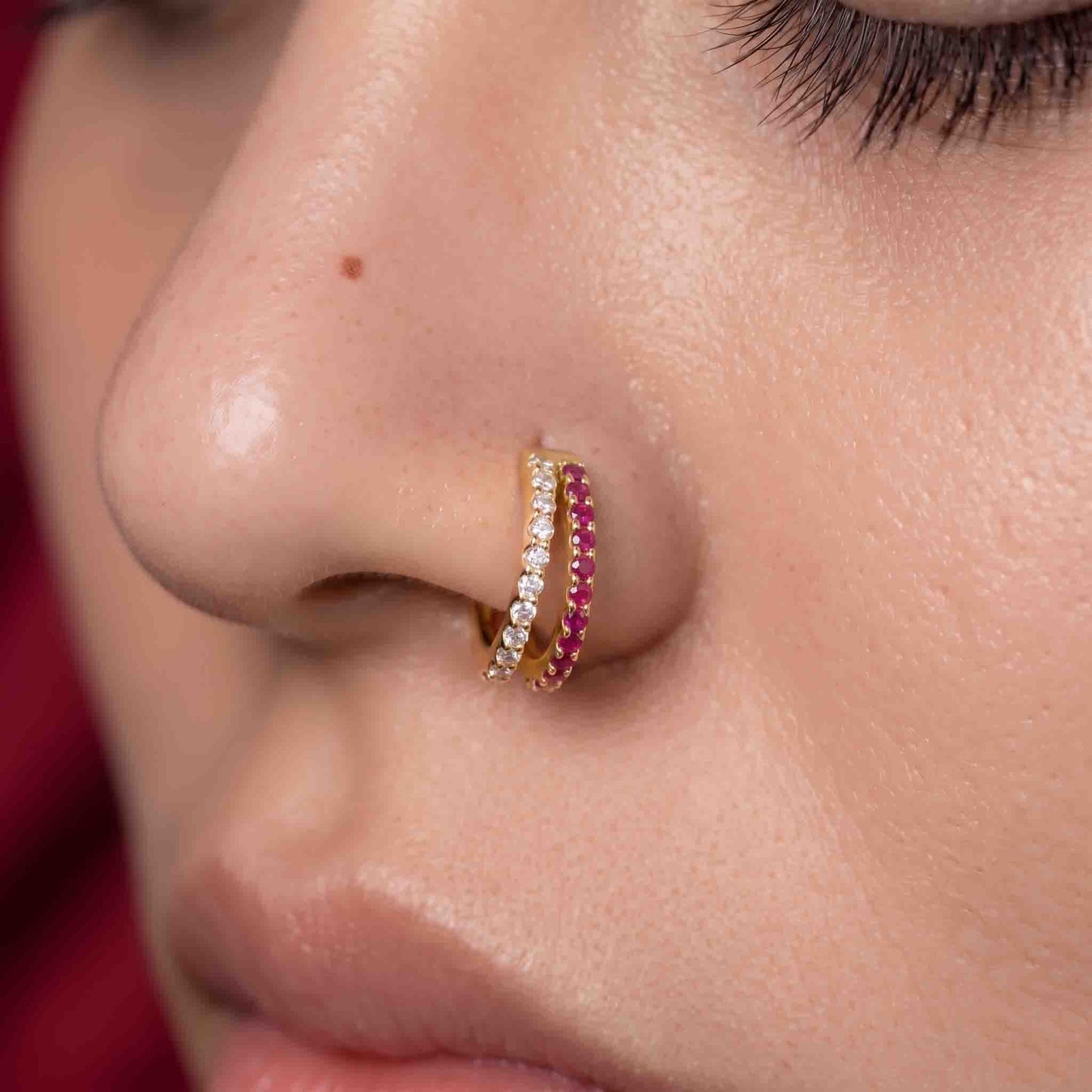 Silver Double Multi Color Line Stone Set Nosering